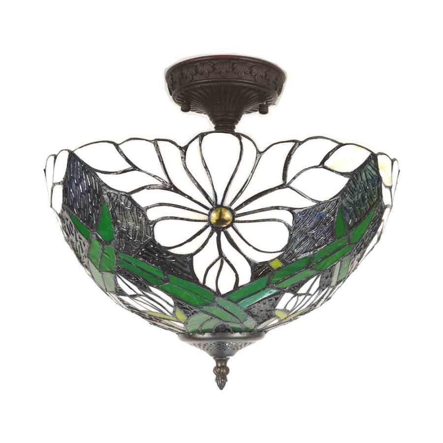 Plafondlamp Tiffany 6139 - Ø 36x35 cm Wit Groen Glas