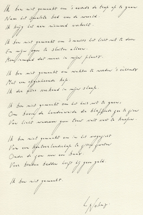 Handgeschreven gedicht van de Vlaamse Dichter Leonard Nolens Handgeschreven gedicht van de Vlaamse Dichter Leonard Nolens