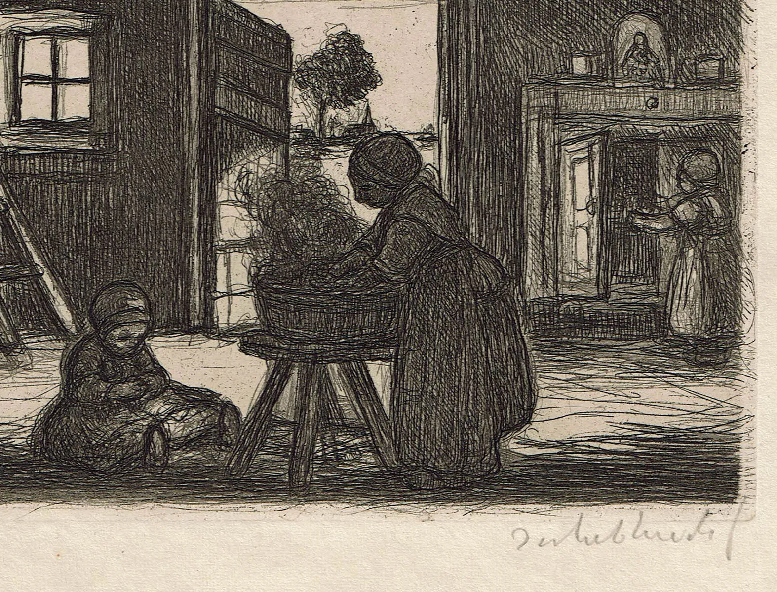 Gravure signée pour acheter la lavandière du graveur belge Jacob Smits