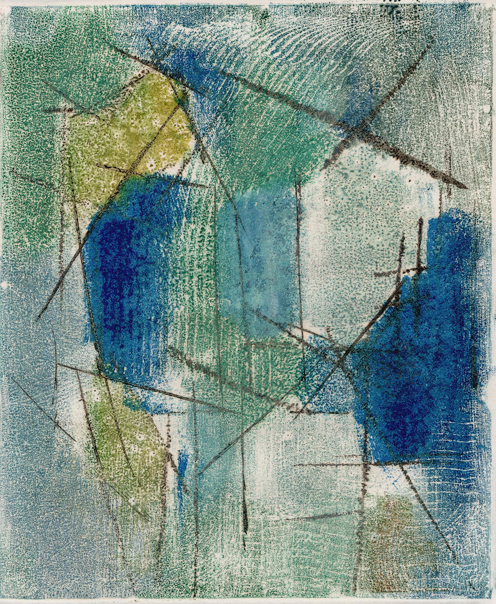 Abstractie lijnen en vlakken, Ets/monotype Bl,Gr,Geel