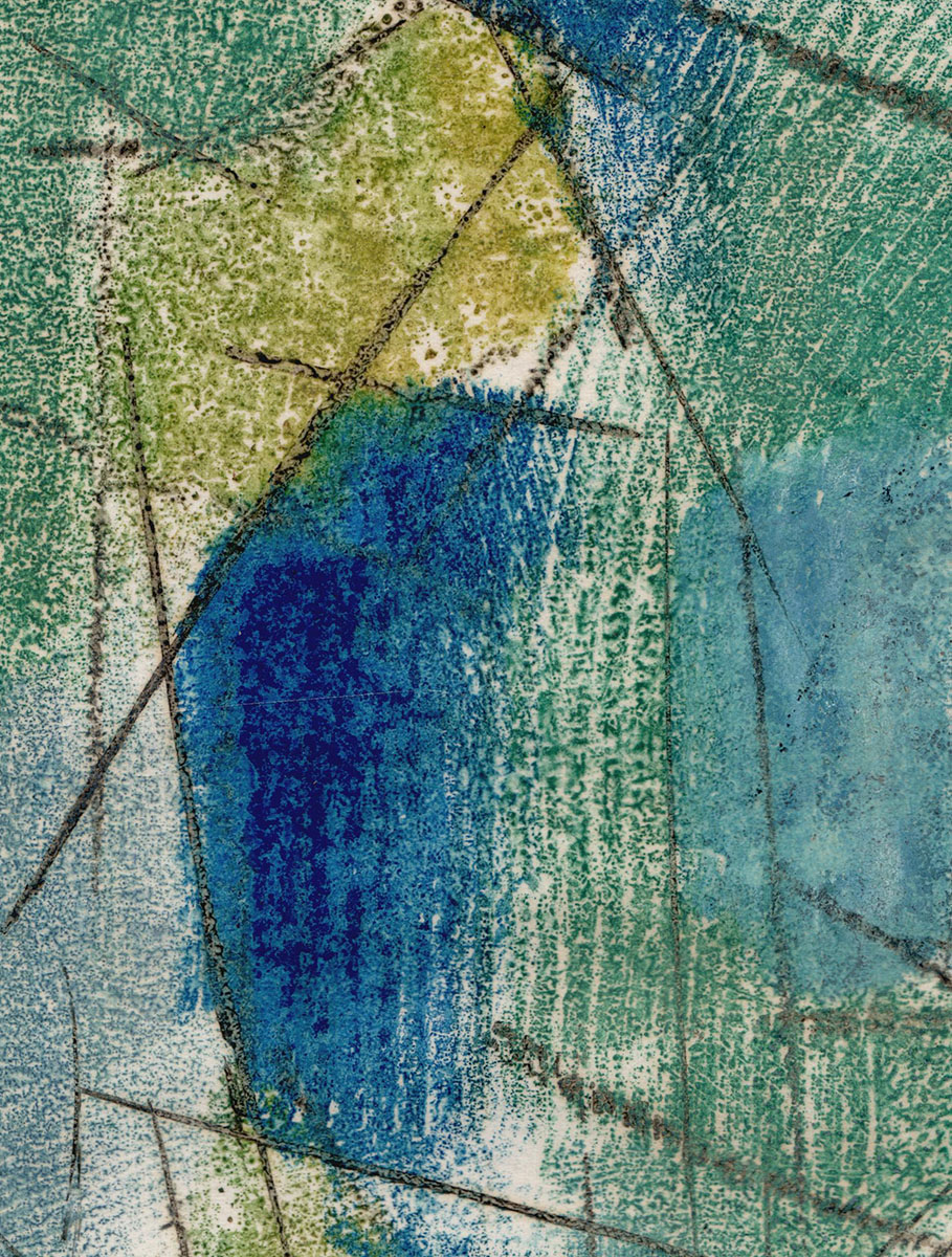 Abstractie lijnen en vlakken, Ets/monotype Bl,Gr,Geel