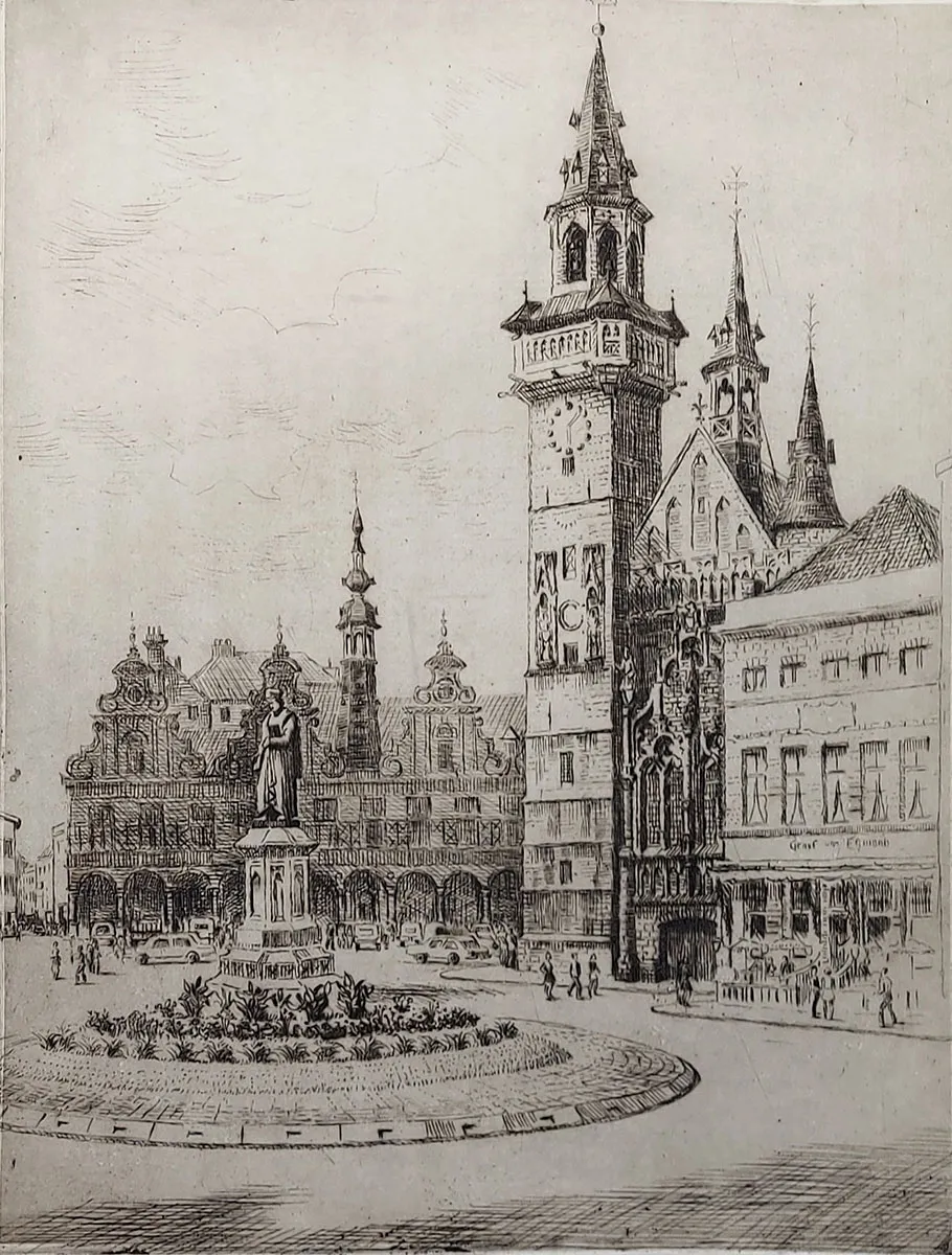 Dirk Martens in Aalst, etching by the Belgian etcher Romain Malfliet