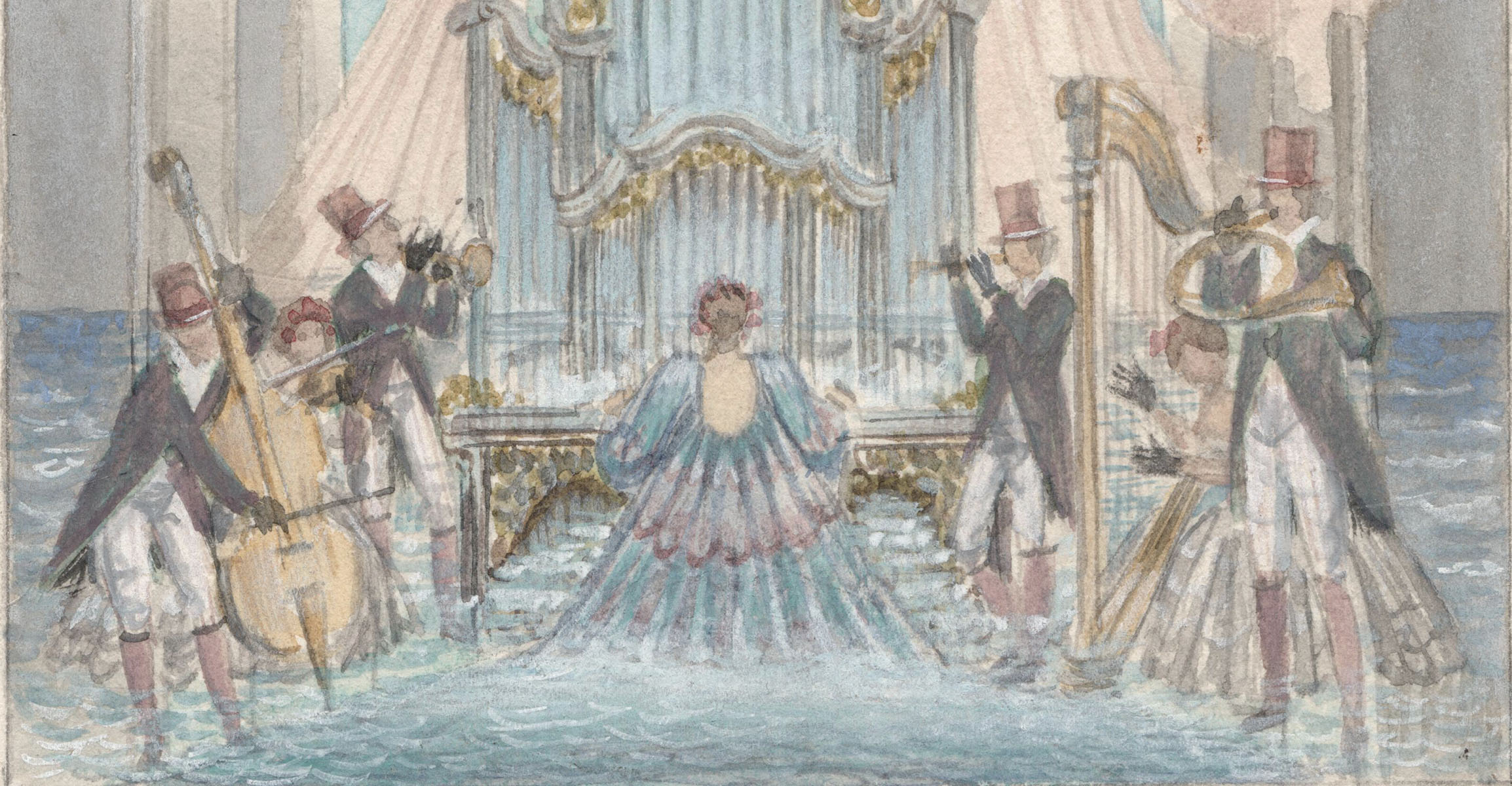 Ontwerpaquarel, de organiste