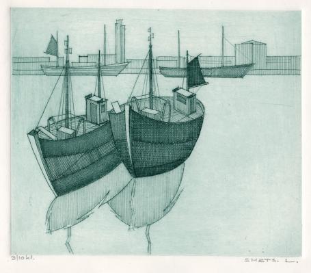 Een kleine ets van Léon Smets, boten in de haven