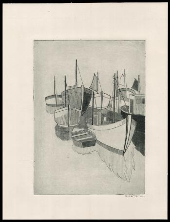 Vissersboten geëtst door Mechelse kunstenaar Léon Smets