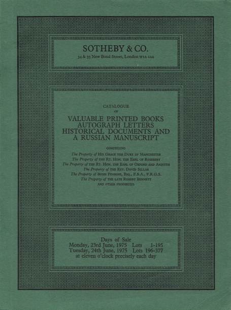 340. Valuable printed books, autograph letters, historical documents and an Russian manuscript