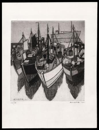 Vissersboten met vissers van de Belgische kunstenaar Léon Smets