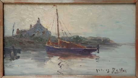 De Belgische schilder Albert De Vos met een schilderij op karton