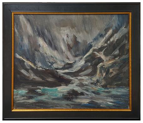 Le Purgatoire, Chtr V Je suis Bonconte…, 1939, olie op doek op paneel door Armand Jamar, expressieve scène geïnspireerd op Da