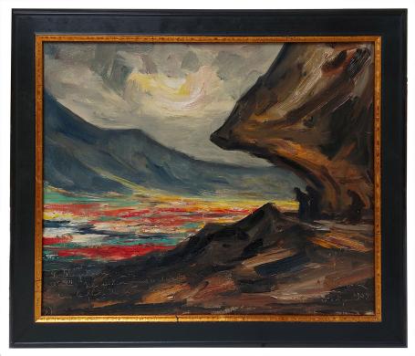 Expressionistisch schilderij met rotsformatie, figuren en vurige luchtspiegeling op het water, werk van Armand Jamar uit 1939