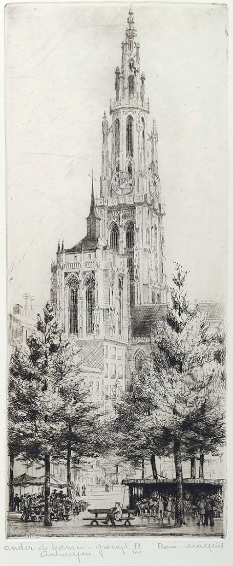 Belgische etser R. Malfliet met een ets