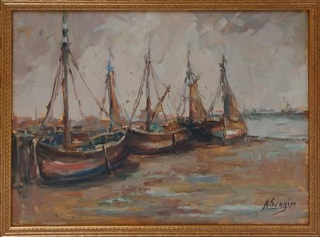 Een olieverfschilderij van Achille Sengier, bootjes bij laagwater