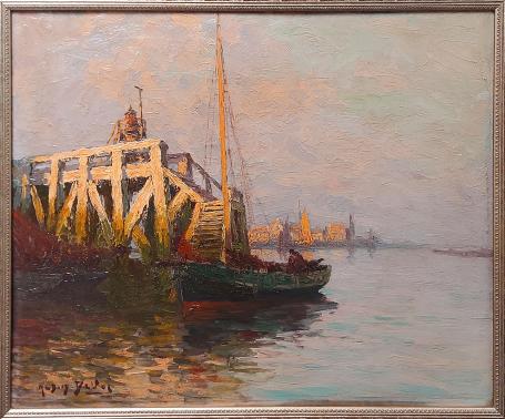 De Belgische kunstschilder Albert De Vos met een schilderij op canvas