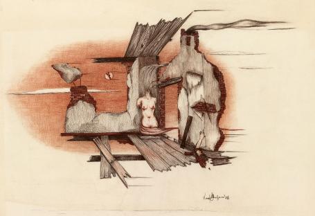 Tekening met pastel van de Belgische etser Roger Van Akelyen