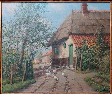 Boerderij met ganzen geschilderd door Albert Caullet