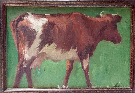 Schilderij met een koe door Albert Caullet geschilderd