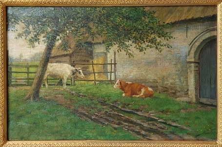 Schilderij met koeien door Albert Caullet geschilderd