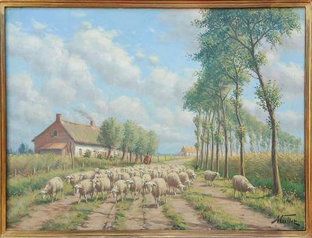 Landschap met schaapsherder geschilderd door Albert Caullet