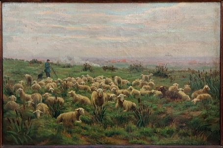 Landschap met schapen geschilderd door Albert Caullet