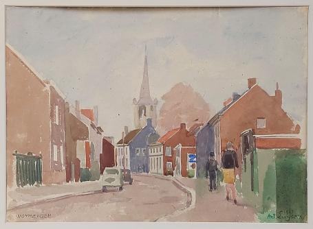 De Belgische kunstenaar A. Luyckx met waterverf schilderij