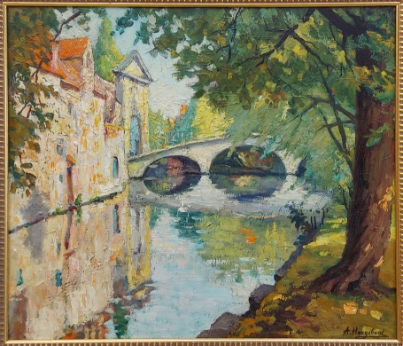 Brugse Schilder Arthur Haeghebaert met een schilderij