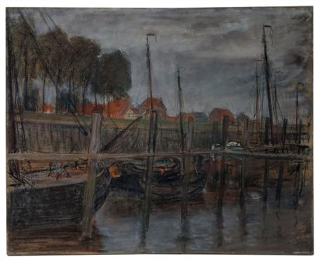 Bootjes in de haven geschilderd Belgische kunstenaar Richard Baseleer