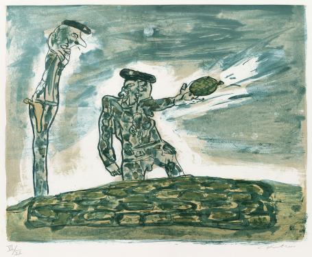 Belgische graficus Fred Bervoets met een lithografie