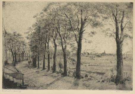 Belgische etser R. Malfliet met een grote ets van Boom