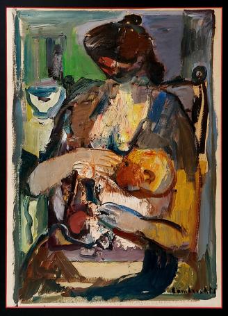 Belgische schilder Constant Lambrecht met een expressionistisch kunstwerk
