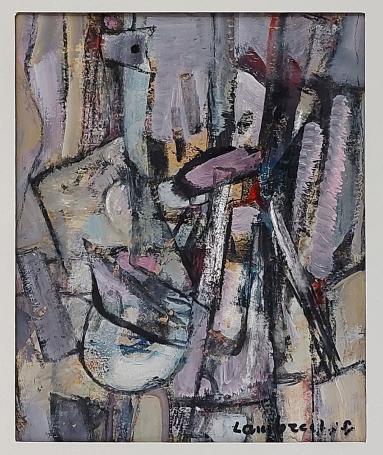 Belgische schilder Constant Lambrecht met een abstract kunstwerk