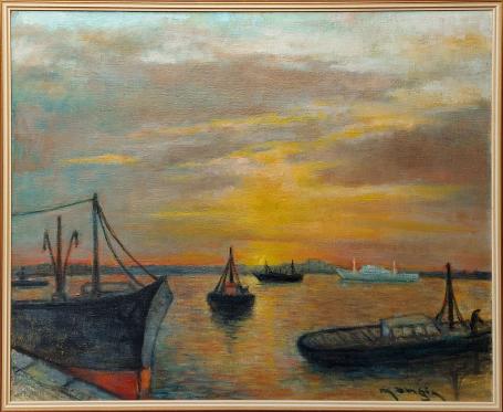 Boten op de Schelde geschilderd door Charles Mangin