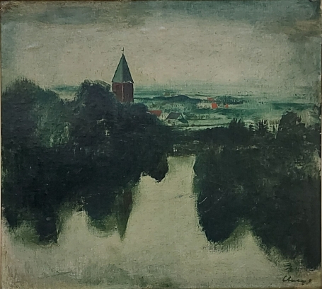 Belgische kunstenaar Albert Claeys met een olieverfschilderij