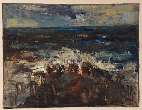Belgische schilder Constant Lambrecht met een expressionistisch kunstwerk