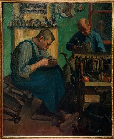 The Shoemakers – painting by Hippolyte Prat from 1918 showing two craftsmen in a workshop