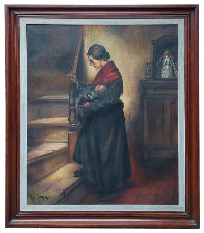 Schilderij “Romantisch tafereel, moeder met baby op de trap” van Ignace Kennis met vrouw, kind en trapinterieur.