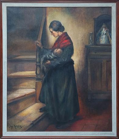 Painting “Romantisch tafereel, moeder met baby op de trap” by Ignace Kennis showing woman with child on staircase.