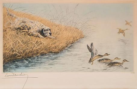 Léon Danchin met een ets van een Engelse Setter