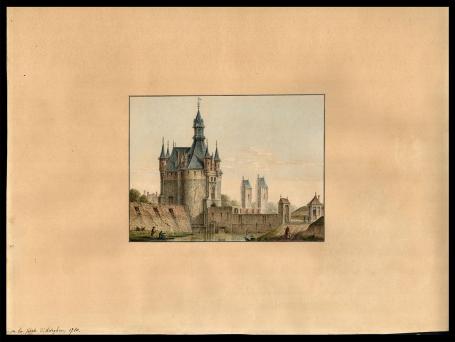 Aquarel van de Porte d’Adeghem in Mechelen door Jean-Baptist De Noter, ca. 1780, met stadspoort en gotisch torengebouw