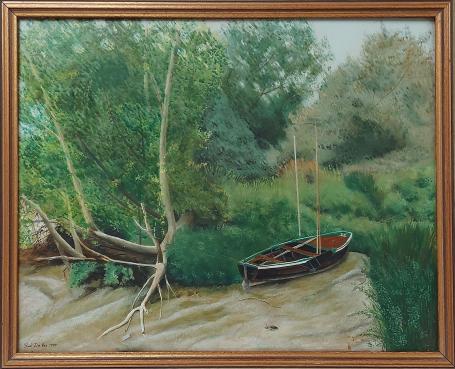 Painting “De sloep aan de begroeide waterkant” by Rudi De Vos with boat and lush riverbank.