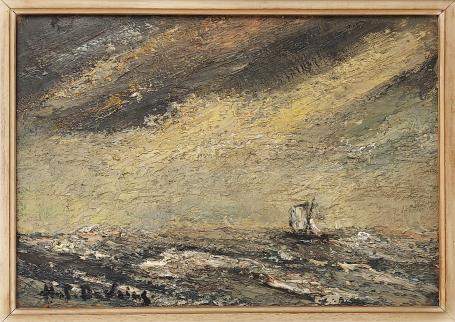 Kunstwerkje van Hubert De Vries, boot op zee