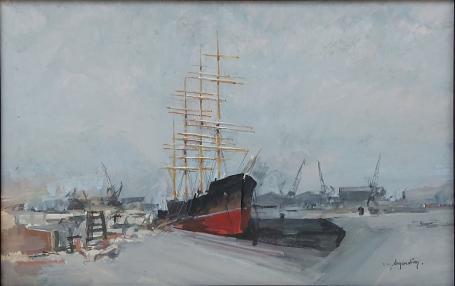 René Marie Dujardin met een schilderij van een boot