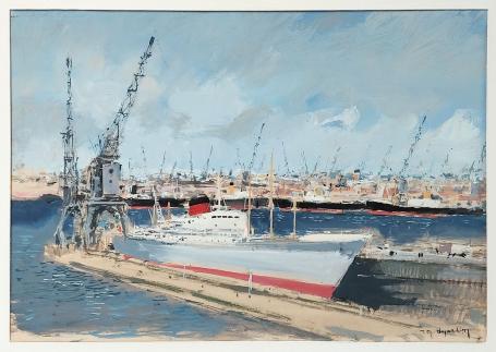 René Marie Dujardin met een schilderij van een boot