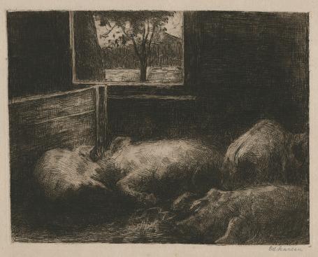 Kunstwerk op papier van  Eduard Karsen kopen, varkensstal