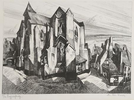Belgische graficus Edmond Van Dooren met een lithografie