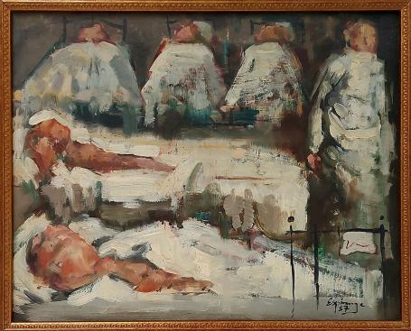 Henri Espinouze  met een olieverfschilderij