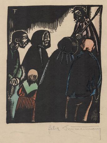 Felix Timmermans met een grafisch kunstwerk, houtsnede