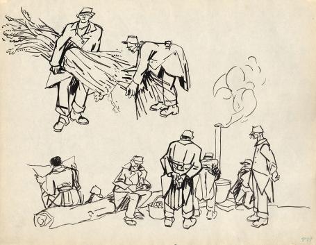 Tekening van Frans Masereel, soldaten aan veldkeuken