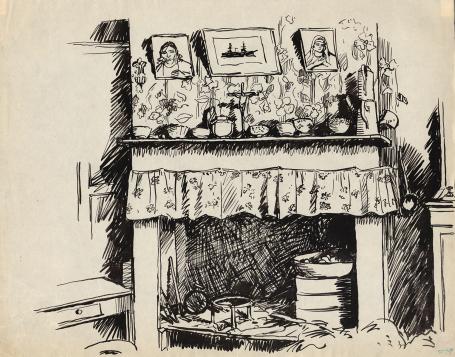 Tekeningen van Frans Masereel, open haard met prenten erboven