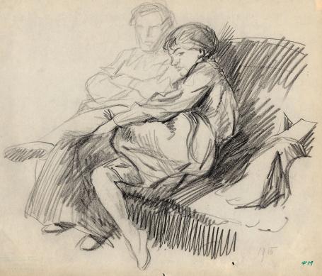 Tekening van Frans Masereel, Vrouw en man in zetel