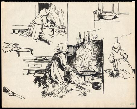 Vrouw aan de open haard getekend door Frans Masereel